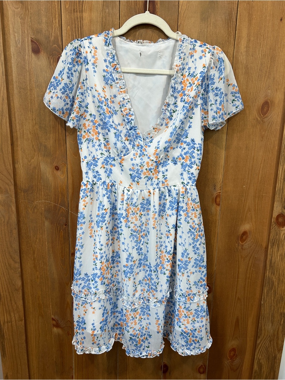 Floral Ruffle V-Neck Mini Dress in White with Blue & Orange Print